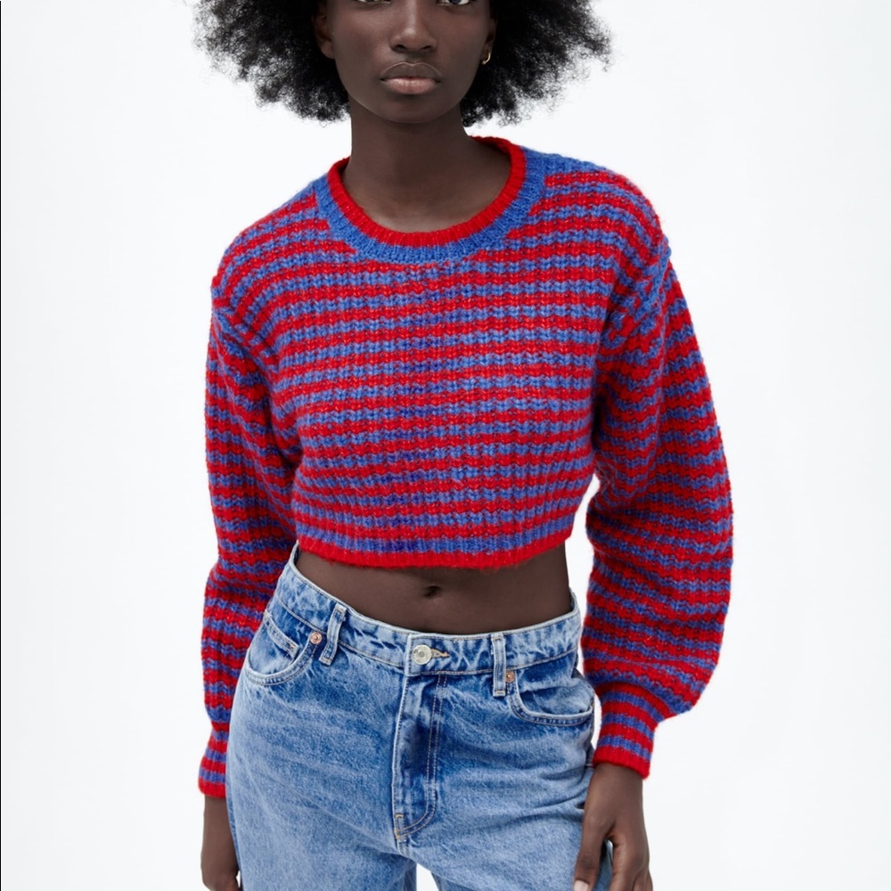 Zara Cropped Knit Sweater With Balloon Sleeves Size Large